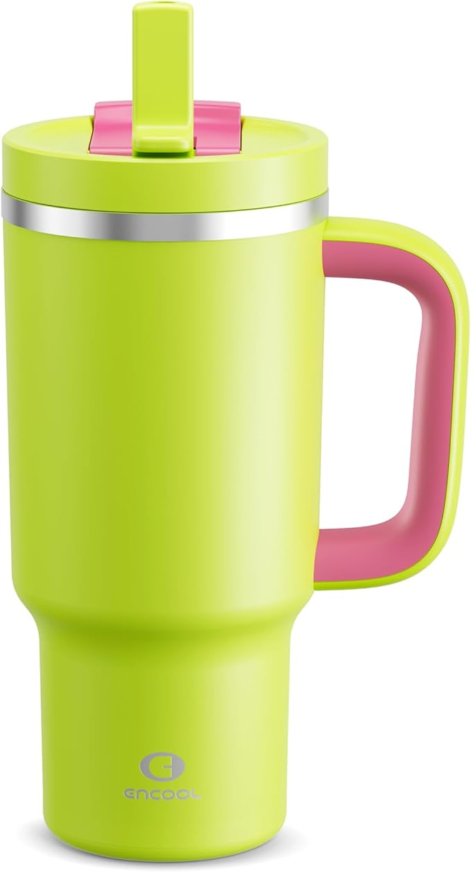 ENCOOL 32 oz Tumbler with Handle and Straw: Stainless Steel Insulated Tumbler Keeps Cold for 24 Hours, Leakproof Travel Cup Fits in Cup Holder and BPA-Free,Acid Green