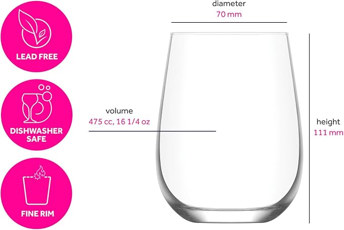 LAV Stemless Red & White Wine Glasses Tumbler Set of 4 - Drinking Glassware for Water Champagne Martini Mimosa Prosecco Cocktail Sangria - Short 16 oz No Stem Glasses Dishwasher Safe