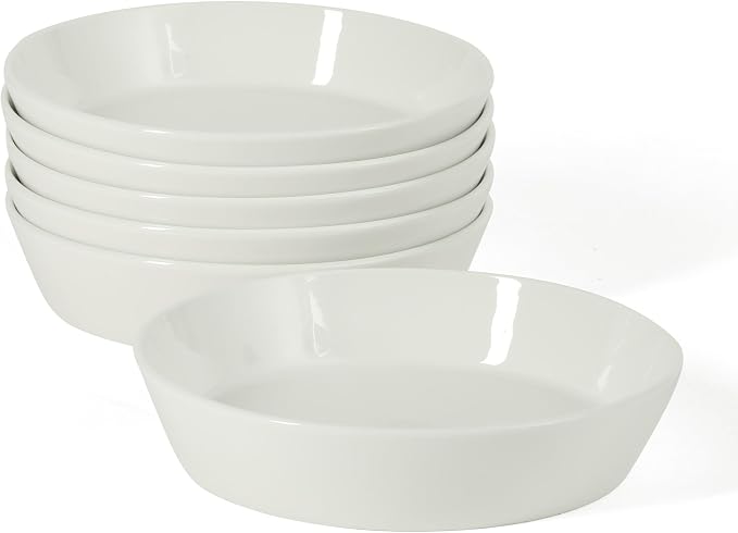 Martha Stewart Selma Pasta Bowls Set of 6, 43oz White Porcelain Soup Bowls & Salad Bowl, Wide and Shallow, Chip Resistant, Dishwasher & Microwave Safe
