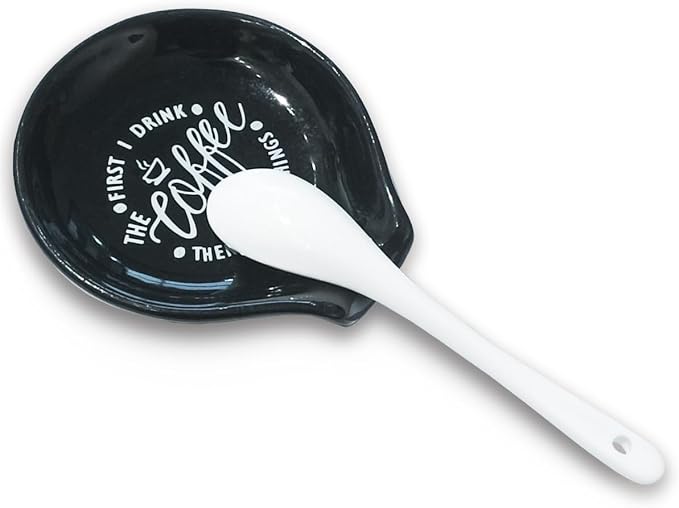 Littlefa Black Coffee Spoon Rest Holder-Coffee Bar Accessories | Funny Ceramic Coffee Spoon Rest for Coffee Bar Accessories Essentials, Coffee Lovers Gifts, But First I Drink Sign