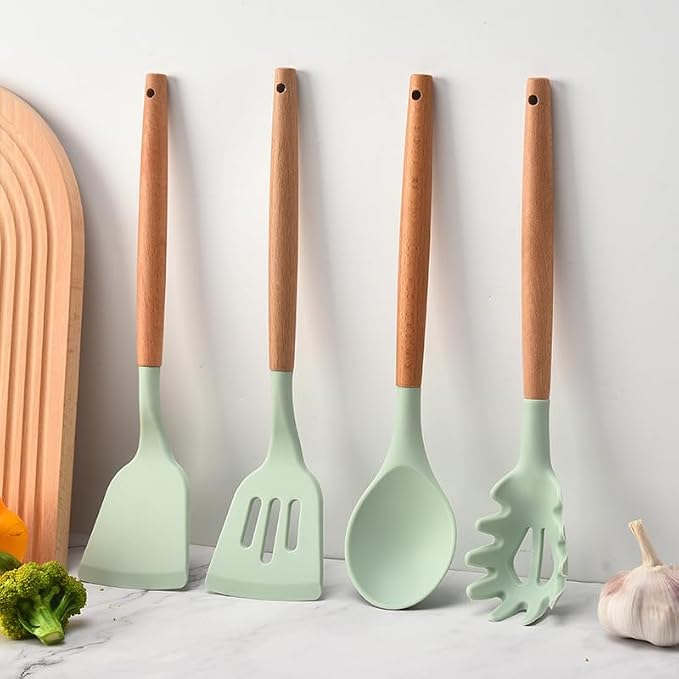 Caboh Silicone Kitchen Utensil Set 12 PCS – Heat Resistant Cooking Tools with Spatula, Serving Spoon, Tongs, Whisk & Holder, Nonstick Safe BPA-Free Kitchen Accessories Set (Light Green)