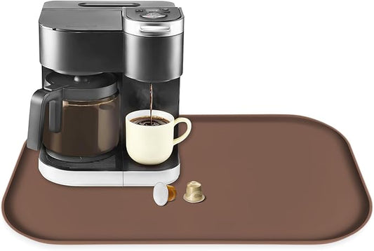 Silicone Coffee Maker Mat with Lip for Countertops, 24'' x 16'', Brown | Multi leak-proof coffee tray for countertop, non-slip silicone mat fits most coffee makers & espresso machines, wipe-clean