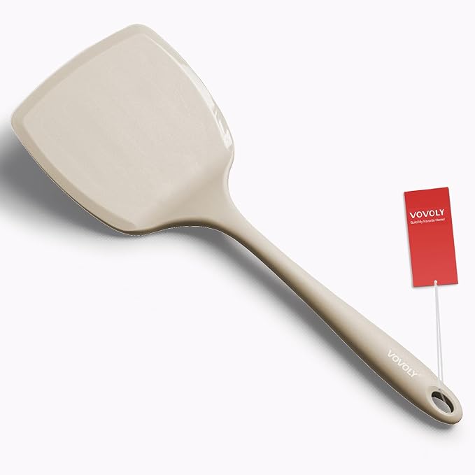 Silicone Pancake Spatula Turner with Lengthened Handle& Seamless Design, Heat Resistant Cooking Spatulas for Nonstick Cookware, Large Flexible Kitchen Utensils, Flipper for Egg, Pancake, Burger, Khaki