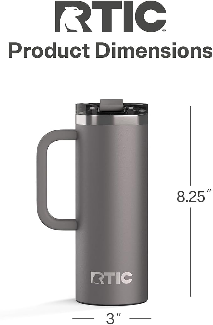RTIC 20oz Road Trip Travel Mug with Lid and Handle, Ceramic Lined, Insulated, Stainless Steel, Metal, Double Wall Vacuum-Insulation, Portable Coffee, Tea Cup for Hot and Cold Drink, Graphite