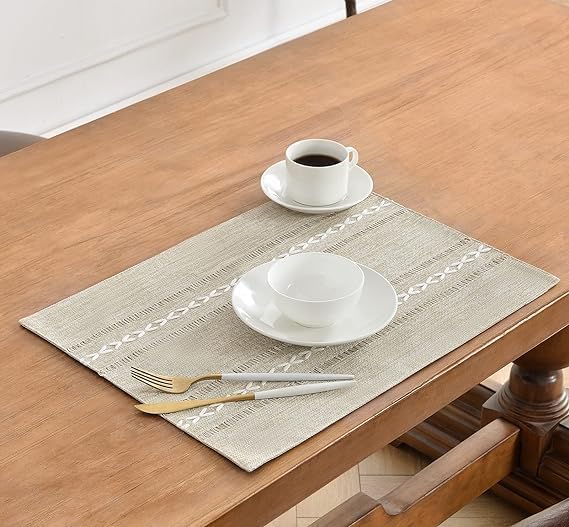 Wracra Cotton Linen Place Mats, Coffee Embroidered Placemats Set of 6 | Placemats 12 x 18 Inch; Cotton Linen Woven Fabric; Heat Resistant Table Mats; Raised Embroidered Hollow Design