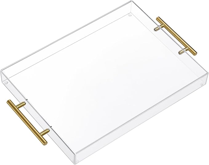 12"x16" Clear Acrylic Serving Tray with Golden Handles, Sturdy Huge Capacity Acrylic Tray for Coffee, Juice, Kitchen and Desk Organizer, Storage Tray (12"x16")