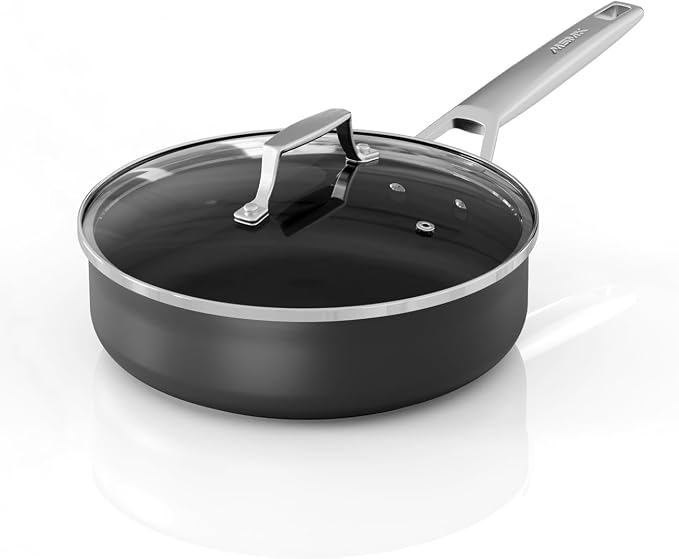 MsMk 3 QT Nonstick Saute Pan with lid, 9.5 inch Induction Deep Frying Pan | Non Toxic, Even Heating, Easy Clean, suitable for gas & electric & induction stove, Dishwasher & Oven Safe, Cerammic