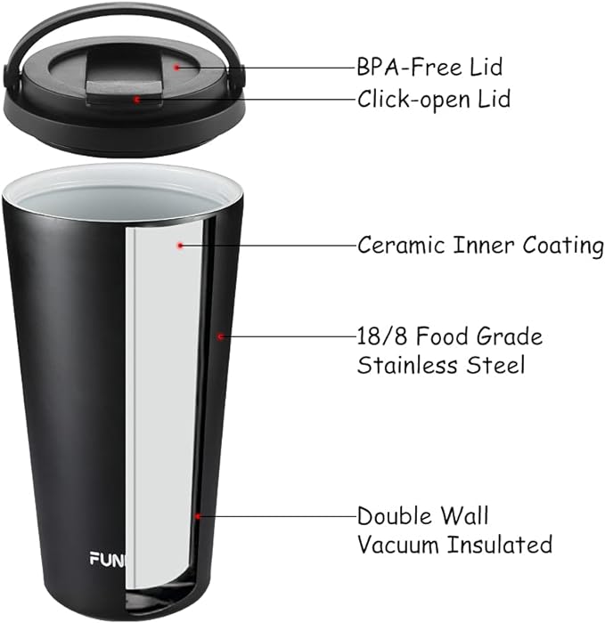 Funkrin Coffee Travel Mug with Flip Lid, 16oz Insulated Tumbler Cup with Ceramic Coating, Double Wall Vacuum Leak-Proof Tumbler for Office School Party Camping