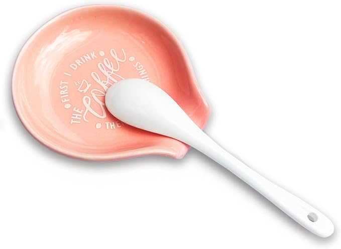 Funny Coffee Quote First I Drink The Coffee Then I Do The Things Ceramic Spoon Holder- Orange Pink Coffee Spoon Rest -Cafe Station Bar Accessories