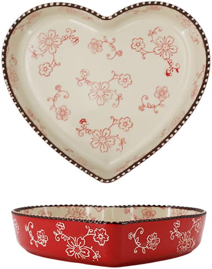 WAIT FLY Ceramic Sakura Pie Pan 33 OZ Quiche Baking Dish Heart Shape Pie Dish for Lasagna, Apple Pie-1 PCS-Red