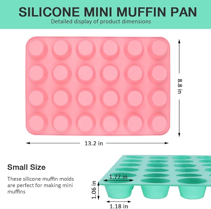 Silicone Mini Muffin Pan, 24 Cups Cupcake Pan, 2PCS | Nonstick, Heat-resistant, Reusable, for Making Muffin Cakes, Tart