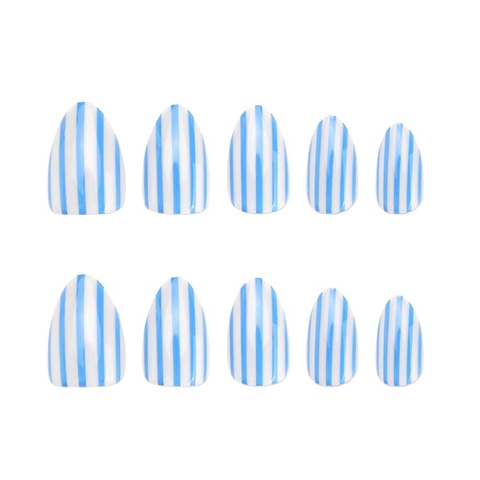 Blue White Press On Nails Short Almond Fake Nails With Stripe Designs | Full Cover False Nails Acrylic Nails Press Ons Reusable Stick On Nail Glossy Glue On Nail For Women 24Pcs