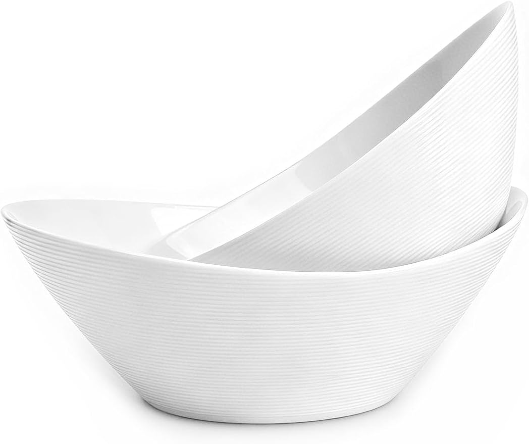 66 OZ Salad Bowl Set of 2, 10 Inch White Opal Glass Oval | Ultra-thin lightweight serving dish with microwave & dishwasher safe design, perfect for salad, fruit and kitchen use