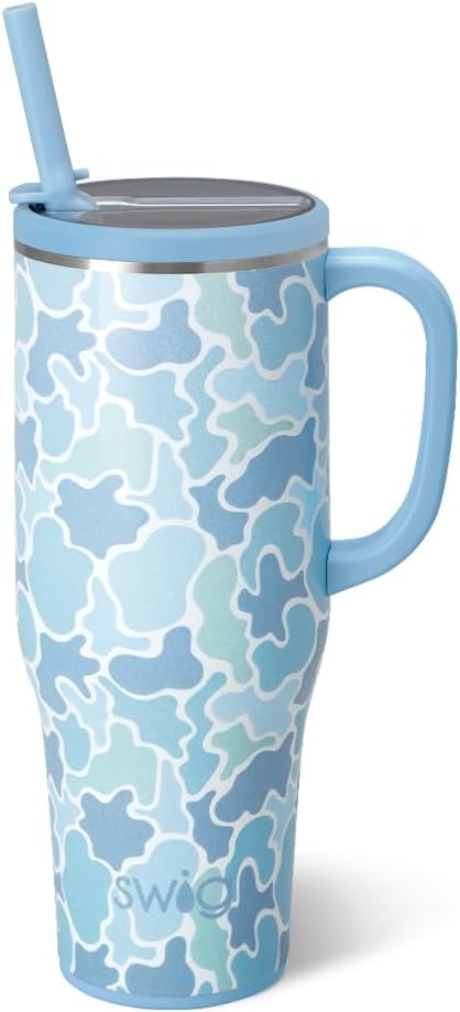 Swig Life 40oz Leakproof Mega Mug with Handle & Straw, Saltwater Camo | Leakproof Lid - Triple Insulated Stainless Steel - Handle & Straw Included - Cup Holder Friendly - Dishwasher Safe