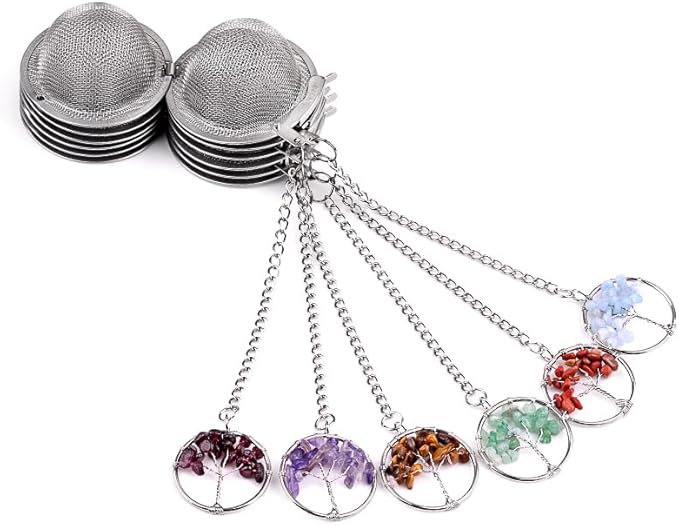 5 Pcs Stainless Steel Tea Ball Infusers with Tree of Life Crystal Charms, Fine Mesh Tea Strainers with Extension Chain & Hook for Loose Leaf Tea, Spices, Seasonings