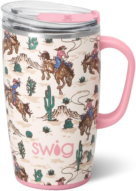 Swig Life 18oz Insulated Travel Mug with Handle & Lid, Giddy Up | Triple Insulated Stainless Steel - Handle & Lid Included - Keeps Coffee Hot or Cold - Cup Holder Friendly