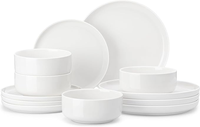 MALACASA Plates and Bowls Sets, 12 Pieces Porcelain Dinnerware Sets Dishware Sets Chip Resistant Ceramic Dish Set Dining Dinner Ware Service for 4, White, Series LUNA