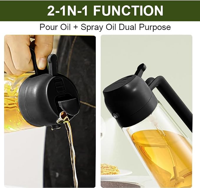 Glass Olive Oil Sprayer 16oz/470ml – 2-in-1 Oil Dispenser & Spray Bottle for Cooking, Portion Control, Salad, Air Fryer, BBQ – Leak-Proof, Fine Mist Bottle with 6 Decorative Labels (Black)