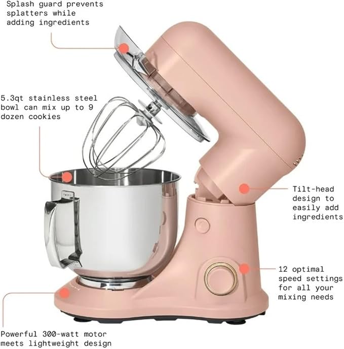 Wonderful Kitchen Stand Mixer 5.3 Qt Bowl, 12 Speeds Tilt-Head, Dough Hook Flat Beater Whisk for Baking Tasks Metal Build for Baking (Rose)