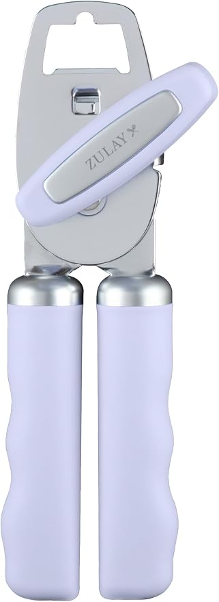 Zulay Kitchen Heavy Duty Stainless Steel Can Opener Manual with Bottle Opener - Rust Proof Manual Can Opener With Turn Knob & Comfy Soft Grip Handles - Airy Lilac