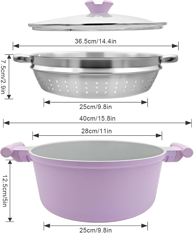 AIKENBBKK 7-Quart Steamer Pot for Cooking, Ceramic Nonstick Stock Pot with Lid, Pasta Pot for All Stoves Including Induction, Lightweight & Durable, Stay-Cool Handle, Purple