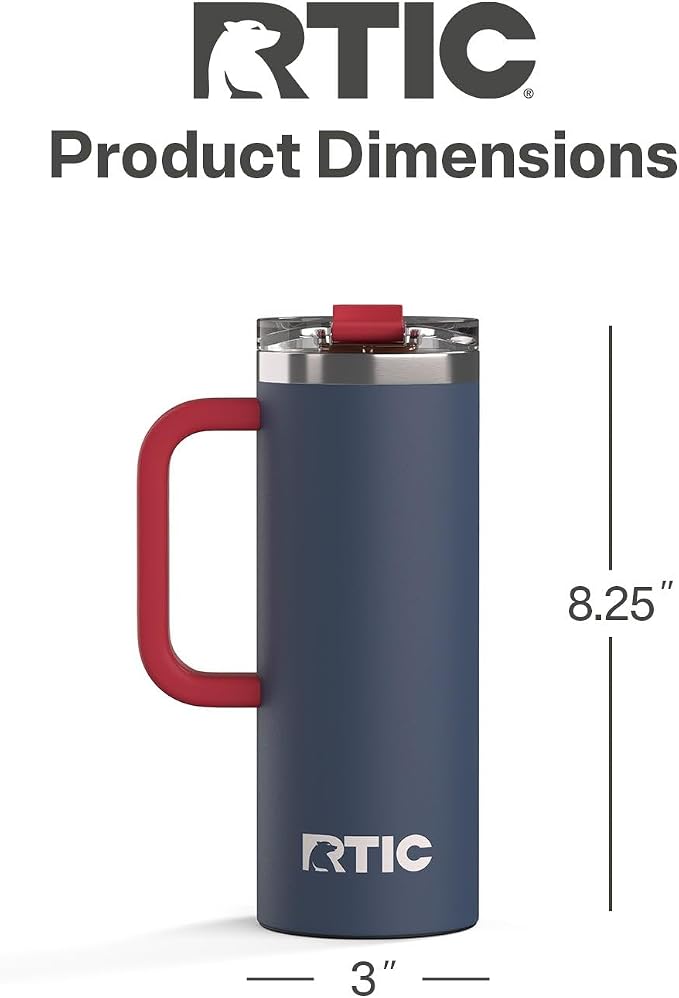RTIC 20oz Road Trip Travel Mug with Lid and Handle, Ceramic Lined, Insulated, Stainless Steel, Metal, Double Wall Vacuum-Insulation, Portable Coffee, Tea Cup for Hot and Cold Drink, Patriot
