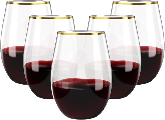 FOCUSLINE 20pcs 16 Oz Plastic Wine Glasses, Stemless Gold Rim, Heavy Duty Disposable Drinking Cups, Reusable Shatterproof for Party & Wedding | Thick and Durable, Shatter-Resistant, and Reusable; Ideal for Weddings, Parties, Toasts, and Various Celebra...
