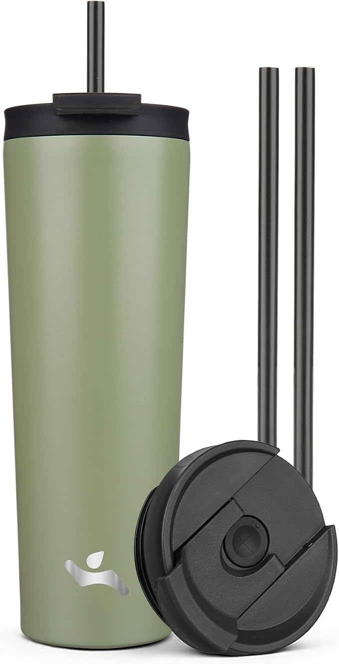 Konokyo 30 oz Insulated Tumbler Water Bottle with Straw Lid, ArmyGreen | Stainless steel insulated tumbler for coffee, water and iced drinks; spill-proof lid, 2 straws, cup-holder friendly
