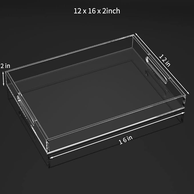 NIUBEE Clear Serving Tray 12x16 Inches -Spill Proof- Acrylic Decorative Tray Organiser for Ottoman Coffee Table Countertop with Handles | Spill-Proof tray for Coffee Table, Ottoman | Decorative Tray for Breakfast in Bed, Drink Serving & Home Organization
