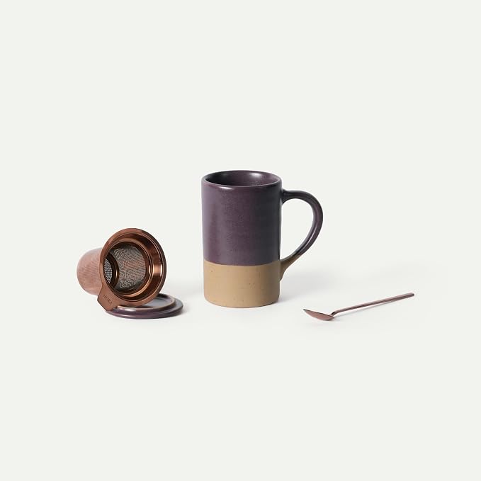 Mora Ceramics Tea Cup with Loose Leaf Infuser, Spoon and Lid, 12 oz, Microwave and Dishwasher Safe Coffee Mug - Rustic Matte Ceramic Glaze, Modern Herbal Tea Strainer - Great Gift for Women, Nebula