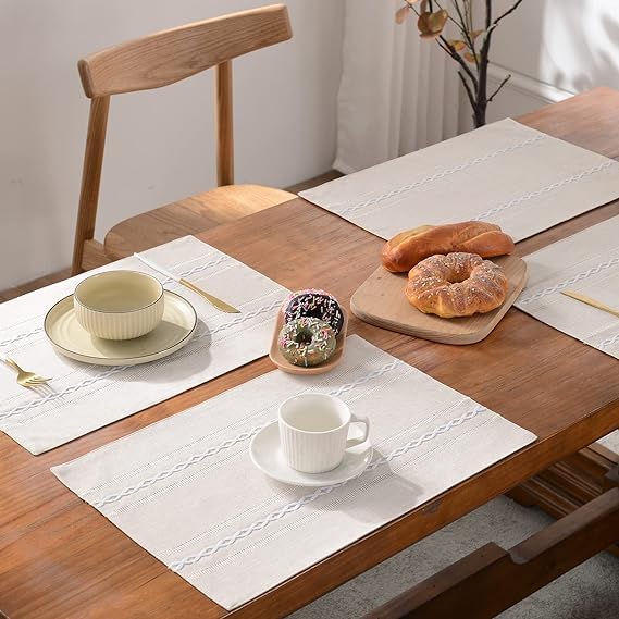 Wracra Cotton Linen Place Mats, Ivory Embroidered Placemats Set of 6 | Placemats 12 x 18 Inch; Cotton Linen Woven Fabric; Heat Resistant Table Mats; Raised Embroidered Hollow Design
