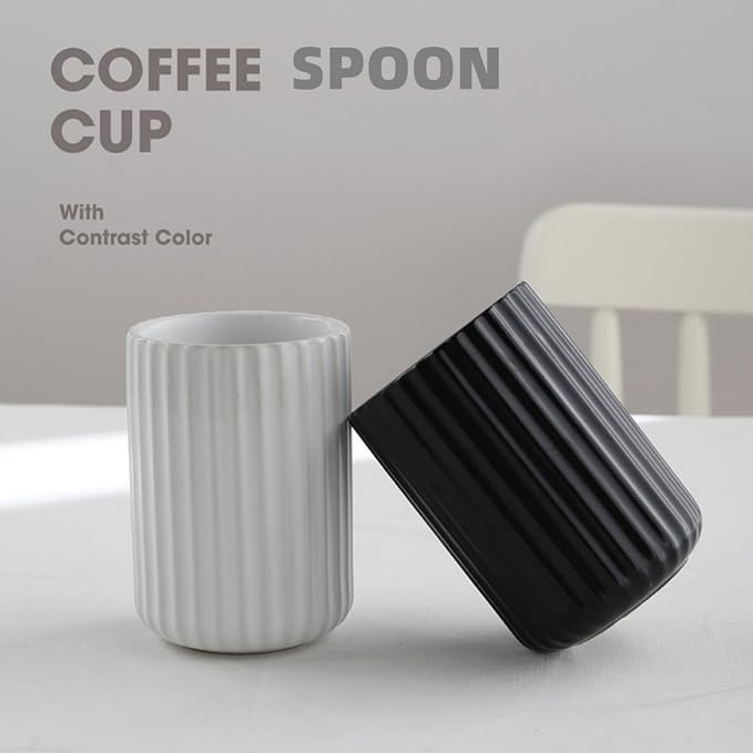 TOPYOKK Stoneware Coffee Bar Utensil Holder Tea & Coffee Spoon & Stirrer Holder for Stir Stick Straw Teaspoon Holder Espresso Spoon Cup Small Utensil Jar Fluted Vertical Stripe (Matte White)