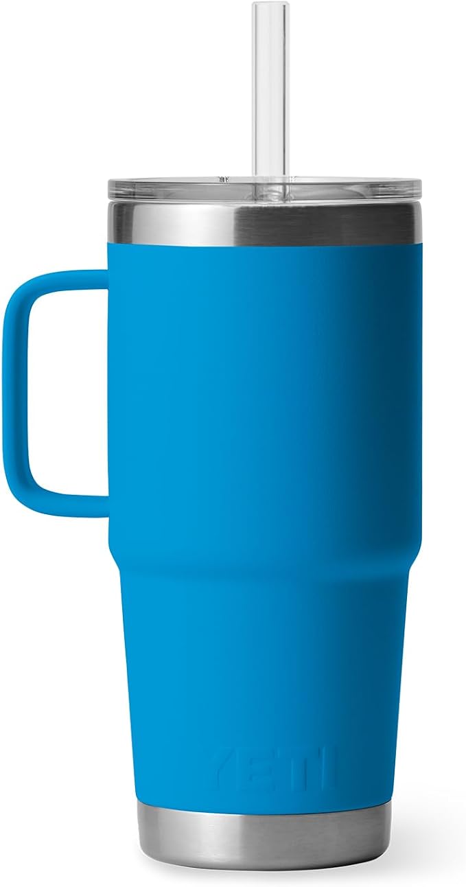 YETI Rambler 25 oz Tumbler with Handle and Straw Lid, Travel Mug Water Tumbler, Vacuum Insulated Cup with Handle, Stainless Steel, Big Wave Blue