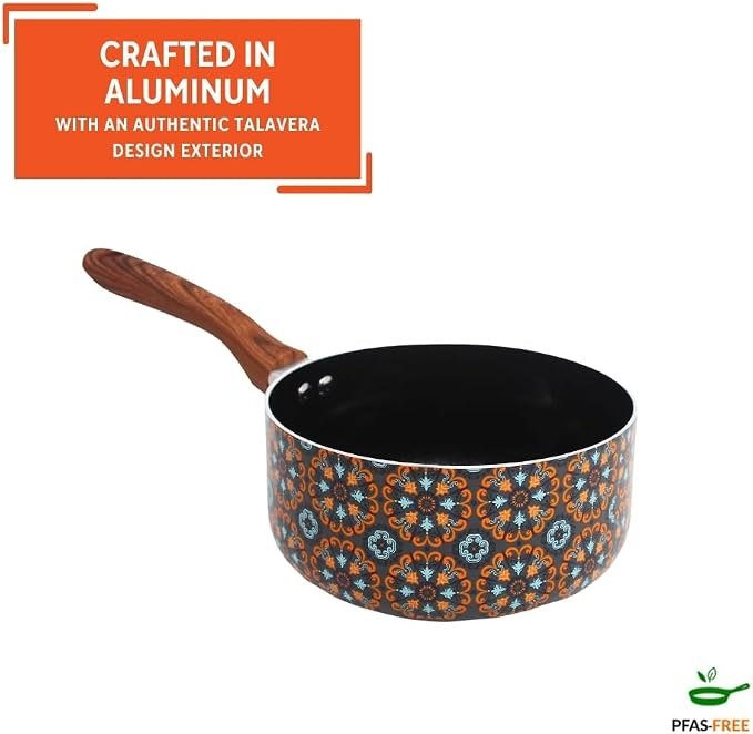 IMUSA 2 Qt Talavera Aluminum Black Ceramic Saucepan with Woodlook Handle | Black Ceramic Nonstick Coating, Woodlook Cool-Touch Handle, Ideal for Mexican Dishes and Sauces, Great for Everyday Meals