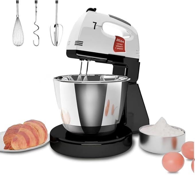 Stand Mixers, 7 Speeds With 3QT Stainless Steel Bowl, Stand and Hand Mixer with Dough Hook, Whisk, Mixing Beater for Baking, Cake, Cookie, Kneading (Silver)