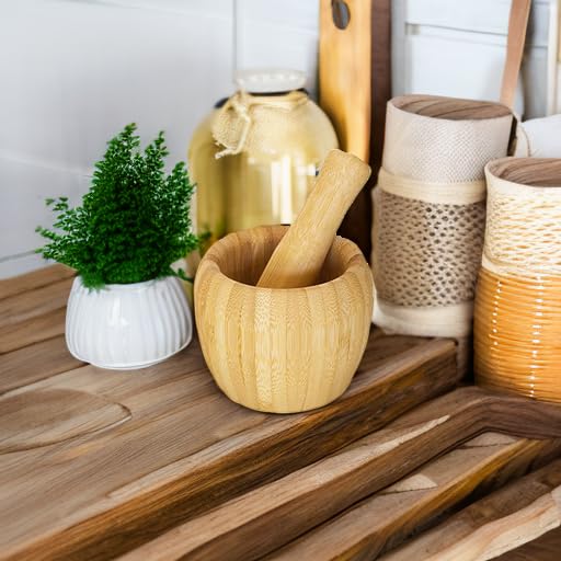 TB Essentials Bamboo Mortar and Pestle Set, 6.75 Ounce Capacity, Perfect for Guacamole, Pesto, Salad Dressing and More
