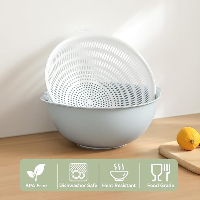 Colander Bowl Set of 2, Nesting Large Capacity Plastic Food Strainer for Pasta, Vegetables and Fruits Washing Draining Basket, Space Saving, BPA Free