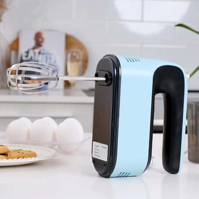 Yomelo 9-Speed Digital Hand Mixer Electric, 400W Powerful DC Motor, Hand Mixer Electric Handheld with Snap-On Storage Case, 5 Stainless Steel Accessories, Beaters, Dough Hooks, Whisk(Ice Blue/Black)