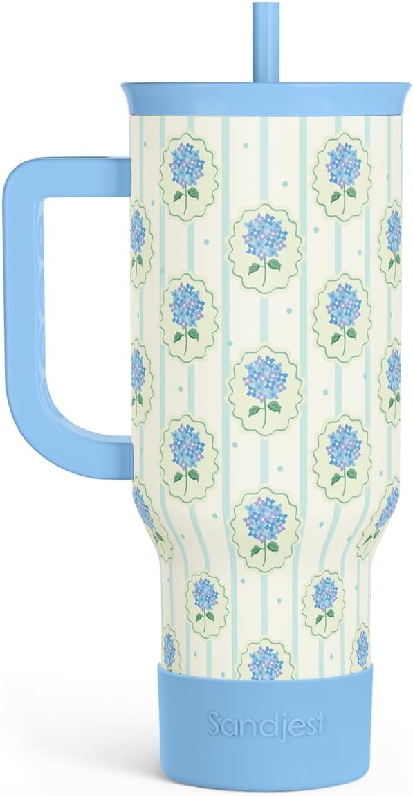 SANDJEST Hydrangea 40oz Tumbler with Handle and Straw, Floral Insulated Stainless Steel Travel Coffee Mug for Women Girls, Gift Idea for Birthday Christmas Mothers Day