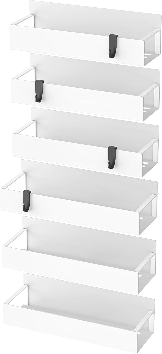 Metal Magnetic Spice Rack for Refrigerator White, 6 Pack | Magnetic Shelves Heavy Duty for Fridge in Kitchen, Seasoning Storage Organizer, For Oven Washer and Dryer, For Heavier Items