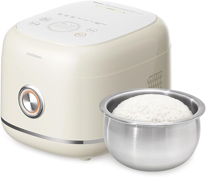 Joydeem Stainless Steel Rice Cooker, Uncoated Non-Stick 316L Stainless Steel Inner Pot, 6 Cup Uncooked, 3L/3.2 qt, DFB-D300, Cream Color