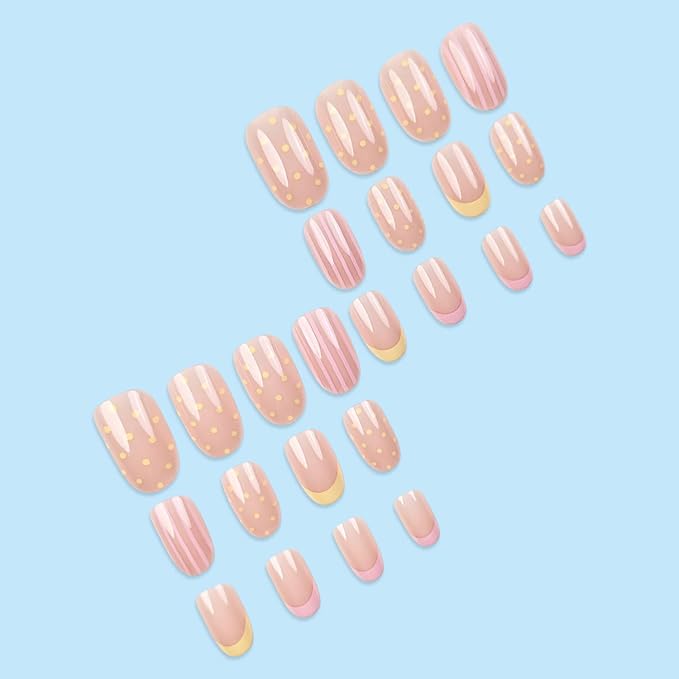 French Press On Nails Short Almond Fake Nails With Stripe Polka Dot Designs | Yellow Pink French False Nails Acrylic Nails Press Ons Glossy Glue On Nail Reusable Stick On Nail For Women 24Pcs