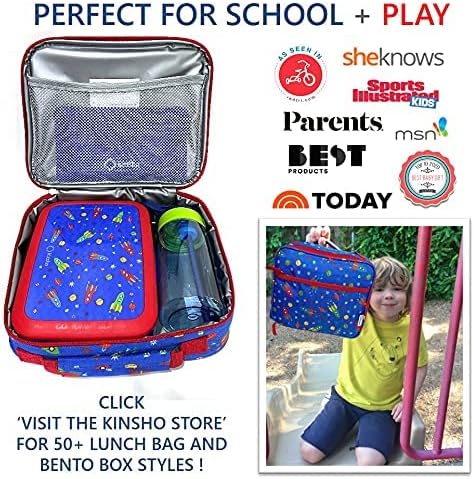 kinsho Kids Bento Lunch Box, Bottle, Ice Pack & Bag, Blue Red Space Rocket | 5 Leakproof Portion Compartments, BPA-Free Removable Tray, Insulated Meal, Snack Container for Toddlers, Pre-School & Daycare