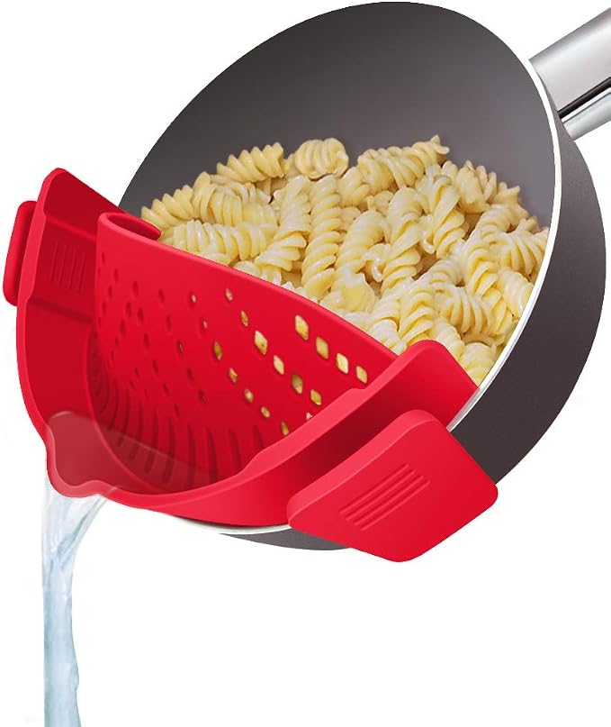 YEVIOR Clip on Strainer for Pots Pan Pasta,Silicone Food Pan Strainer | Food-grade BPA-free,Kitchen Food Strainer for Spaghetti, Pasta,Vegetable Fruits Fits All Bowls and Pots (Red)