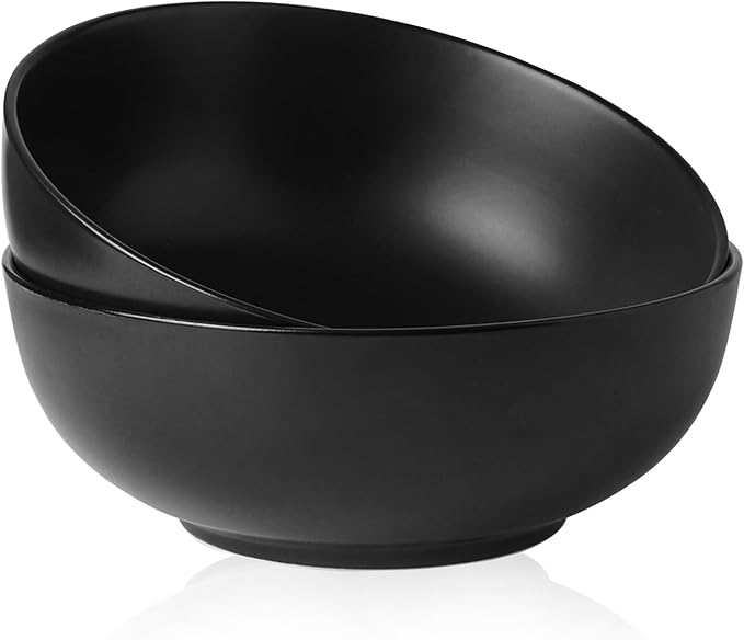 Kanwone Large Serving Bowls - 9.5 inch, 90oz Ceramic Salad Bowls, Fruit Bowls, Pasta, Soup Bowls, Set of 2, Serving Bowls for Entertaining, Microwave and Dishwasher Safe, Matte Black