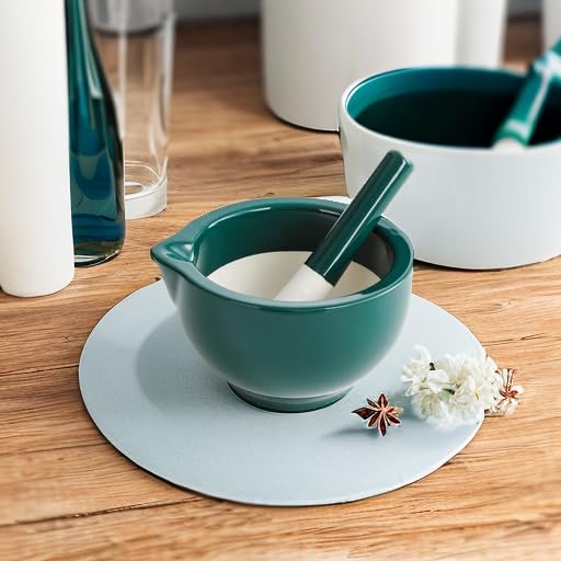 Porcelain Mortar and Pestle Spice Garlic Herb Grinder, Mixing Grinding Bowl Crusher Set, Restaurant Kitchen Tools-Green