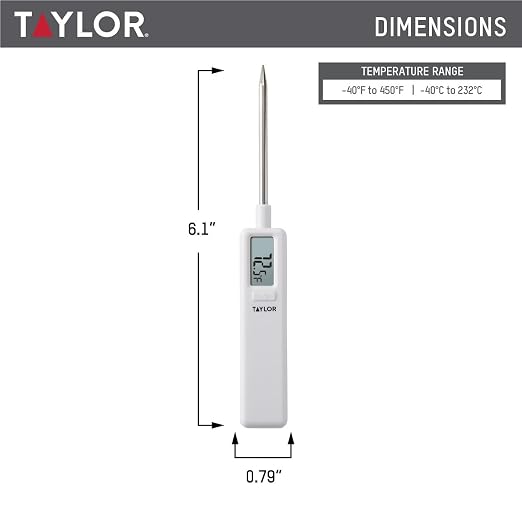 Taylor Mighty Mini Digital Meat Thermometer, Instant Read Food Thermometer for Cooking & Grilling, -40°F to 450°F Range, Compact Pocket Size with On/Off Switch, White