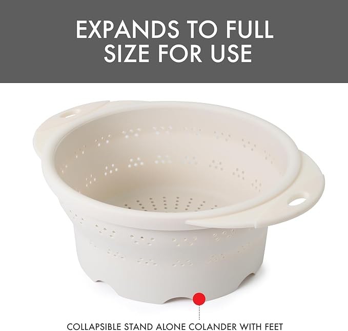 Dexas 10" Collapsible Silicone Colander in Cream, Kitchen Strainer with Handles, 15.1 Cup Capacity | BPA-Free, Heat-Resistant, Space-Saving Kitchen Tool