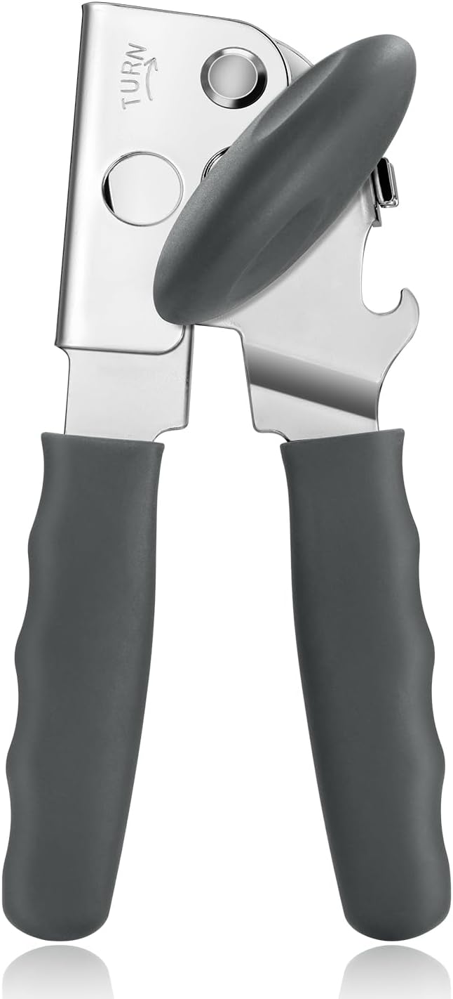 UHIYEE Heavy Duty Hand Can Opener with Comfortable Grip for Seniors, Gray | Manual Can Opener, Hardened Steel Blade, Rubber-Coated Handle, Oversize Knob, Built-in Magnet & Bottle Opener