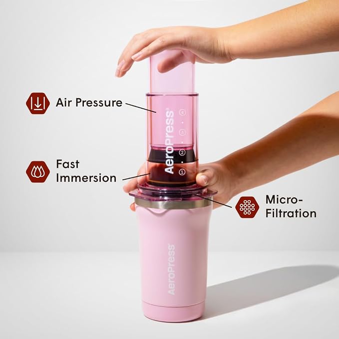 AeroPress Go Plus Portable Coffee Maker Kit, Pink | Small, Travel, Camping & Office, All-in-One French Press, Pour-Over & Espresso-Style Manual Brewer